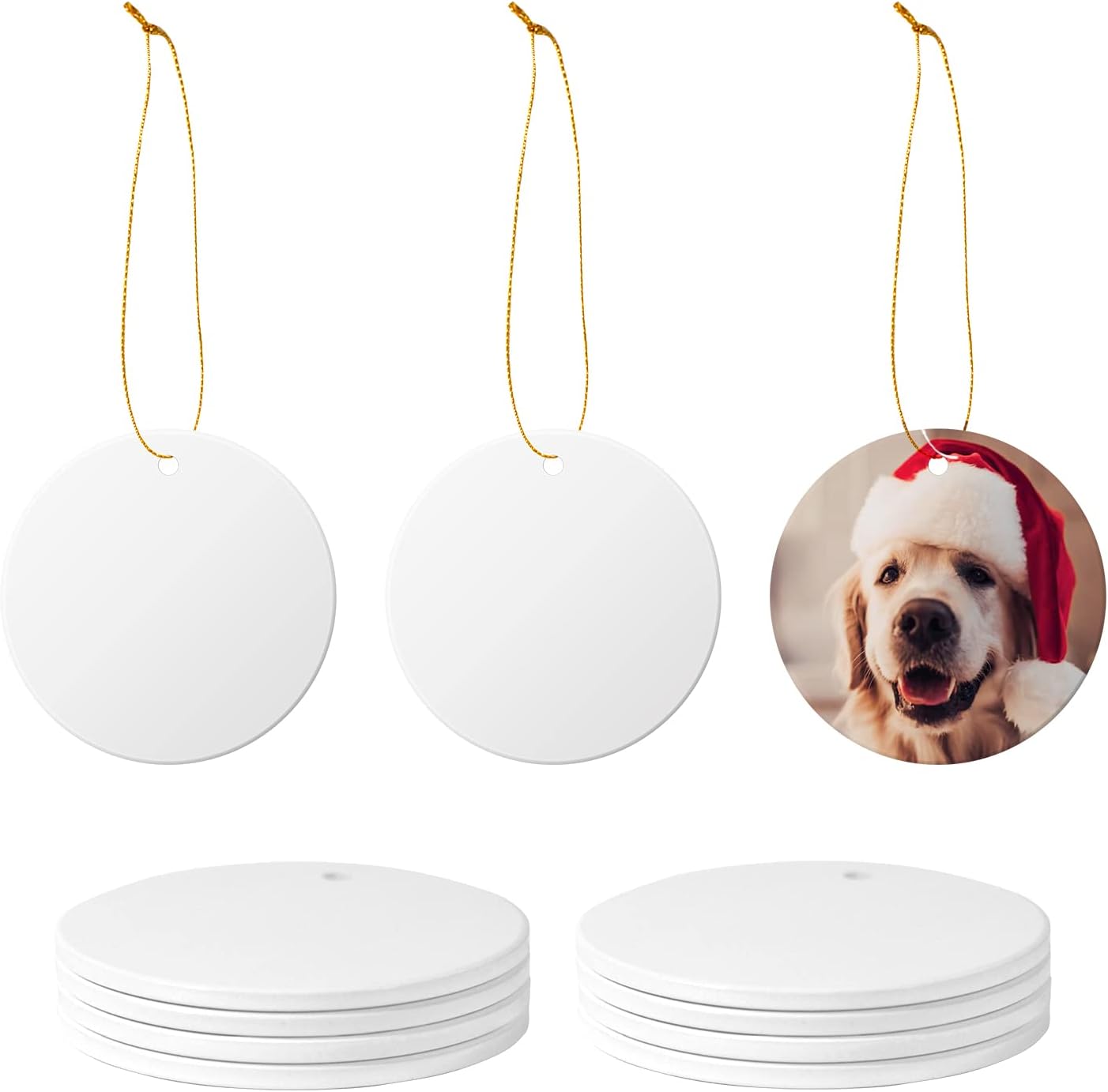 12 PCS Sublimation Ceramic Ornament Bulk White 3 Inch Round Blank Hanging Ornament with Gold String for Crafting DIY Personalized Home Decor Bulk