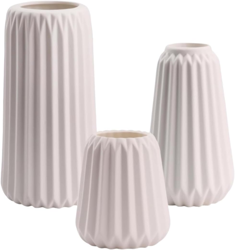 White Ceramic Vase Set of 3, Scandinavian Bohemian Style, for Modern Home Office Decoration Centerpiece, Dining Table, Entryway Decoration (White)