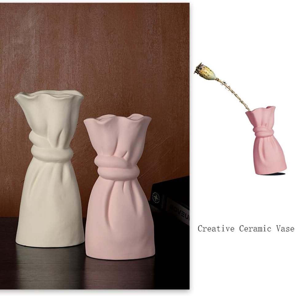 Crinkle Paper Bag Shape Ceramic Vase Cloth Bag Ceramic Dry Vase Creative Retro Work of Art Home Decorative Flower Arrangement Luxury Household Ornaments