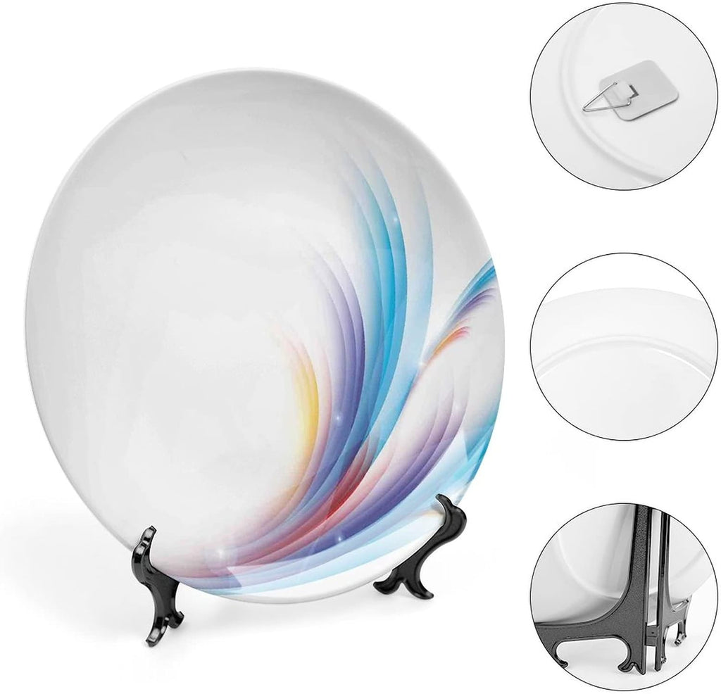 Ceramic Display Plate, Abstract Decor Ceramic Hanging Decorative Plate, Modern Rainbow like Wavy with Blank Pattern, 6 Inch, Living Room Kitchen Decoration Household, Blue Purple Orange and Red