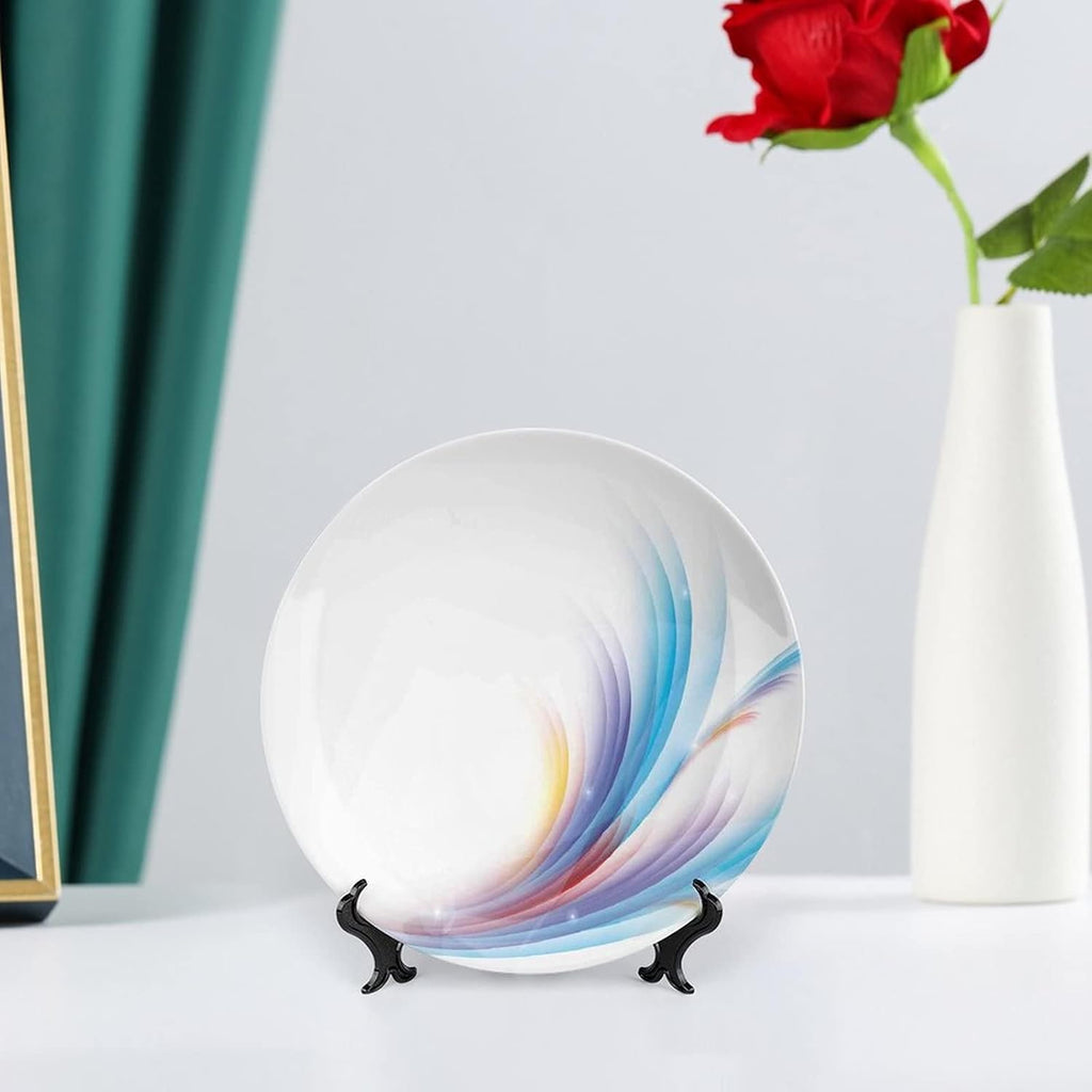 Ceramic Display Plate, Abstract Decor Ceramic Hanging Decorative Plate, Modern Rainbow like Wavy with Blank Pattern, 6 Inch, Living Room Kitchen Decoration Household, Blue Purple Orange and Red