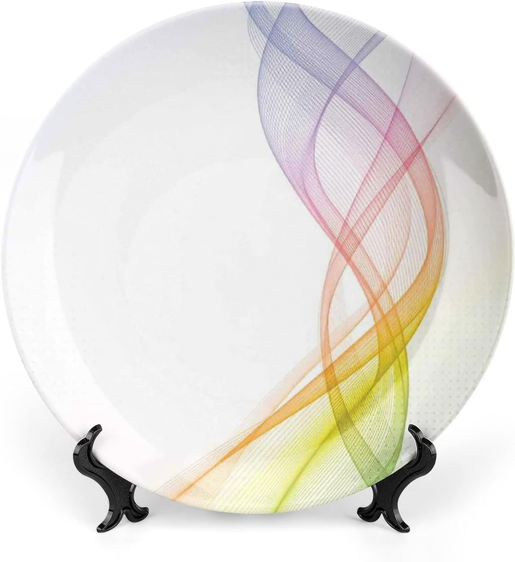 Ceramic Display Plate, Abstract Decor Ceramic Hanging Decorative Plate, Modern Rainbow like Wavy with Blank Pattern, 6 Inch, Living Room Kitchen Decoration Household, Blue Purple Orange and Red