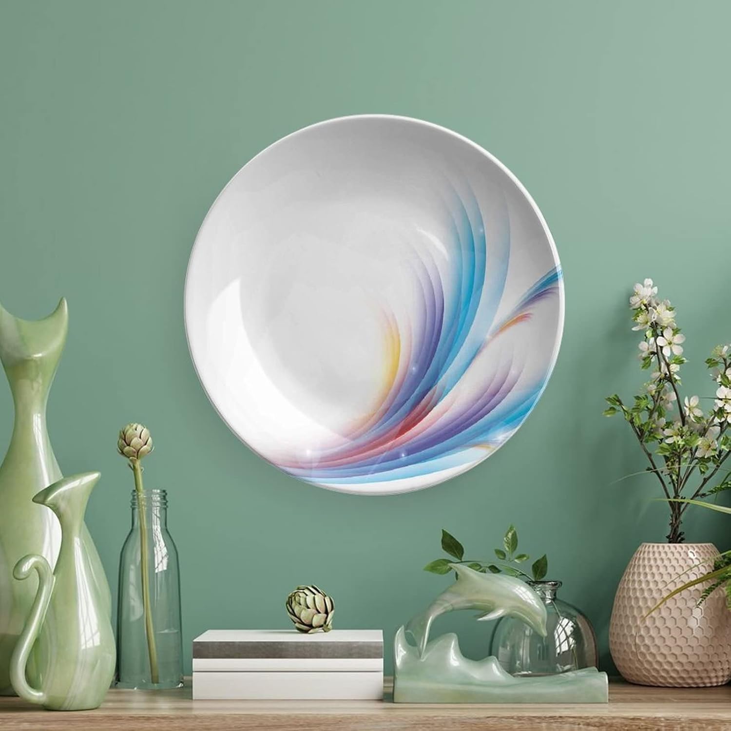 Ceramic Display Plate, Abstract Decor Ceramic Hanging Decorative Plate, Modern Rainbow like Wavy with Blank Pattern, 6 Inch, Living Room Kitchen Decoration Household, Blue Purple Orange and Red