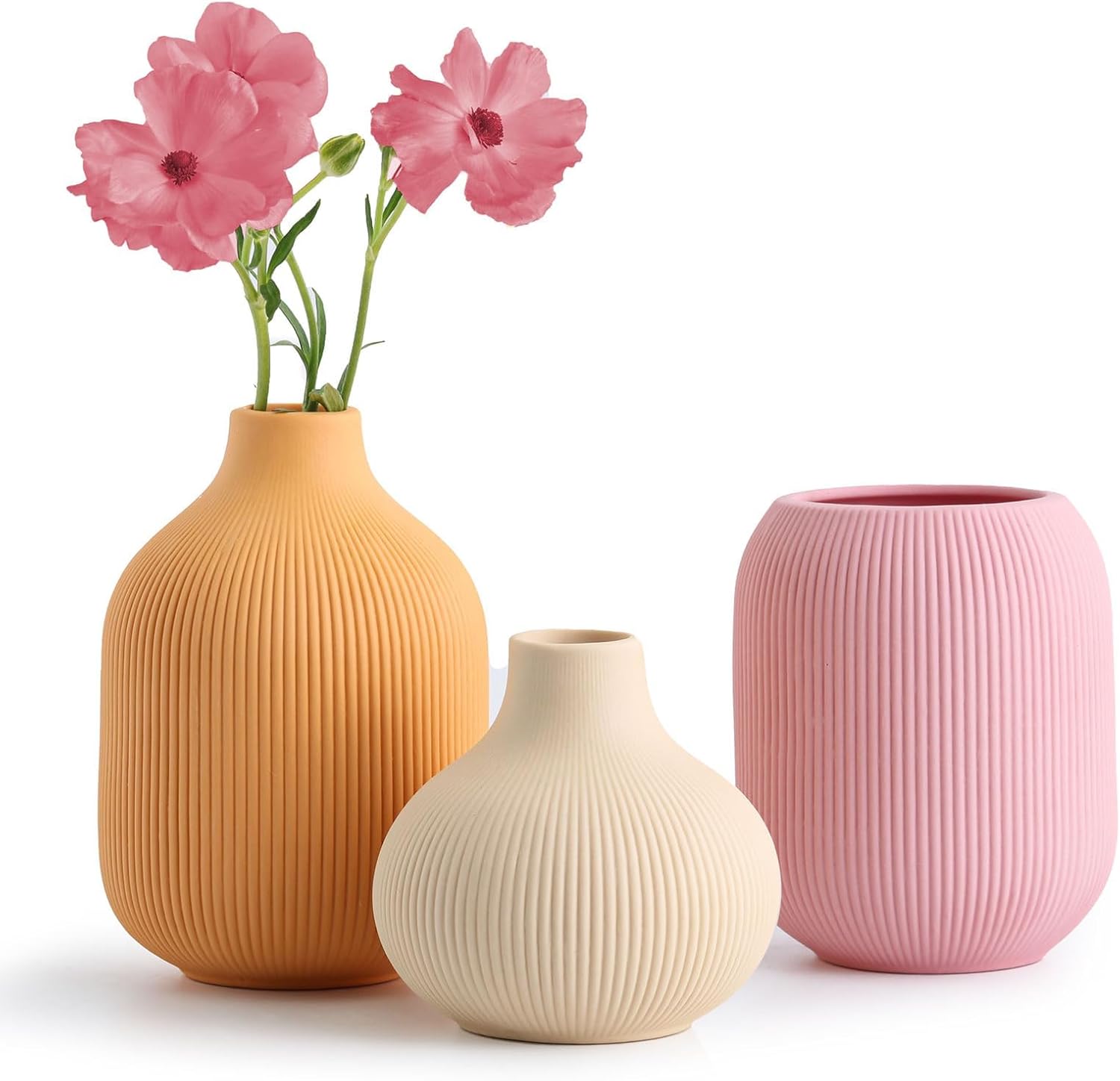 Ceramic Vase for Decor,Small Boho Vases Set for Home,Modern Minimalist Farmhouse Decoration,Decorative Bud Vases for Shelf Decor,Table, Bookshelf, Mantel and Entryway(Pink+Light Yellow+Orange)