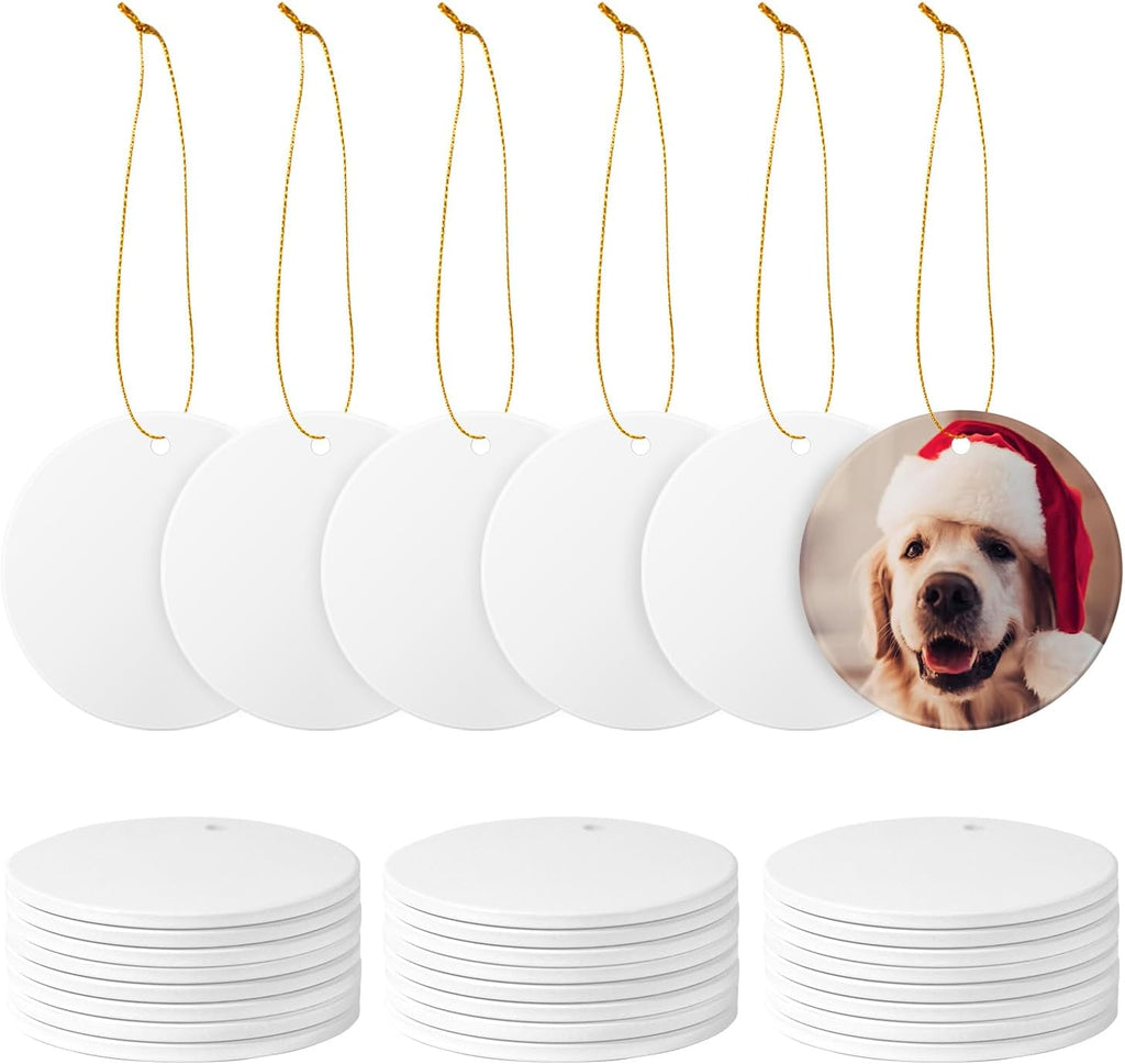 12 PCS Sublimation Ceramic Ornament Bulk White 3 Inch Round Blank Hanging Ornament with Gold String for Crafting DIY Personalized Home Decor Bulk