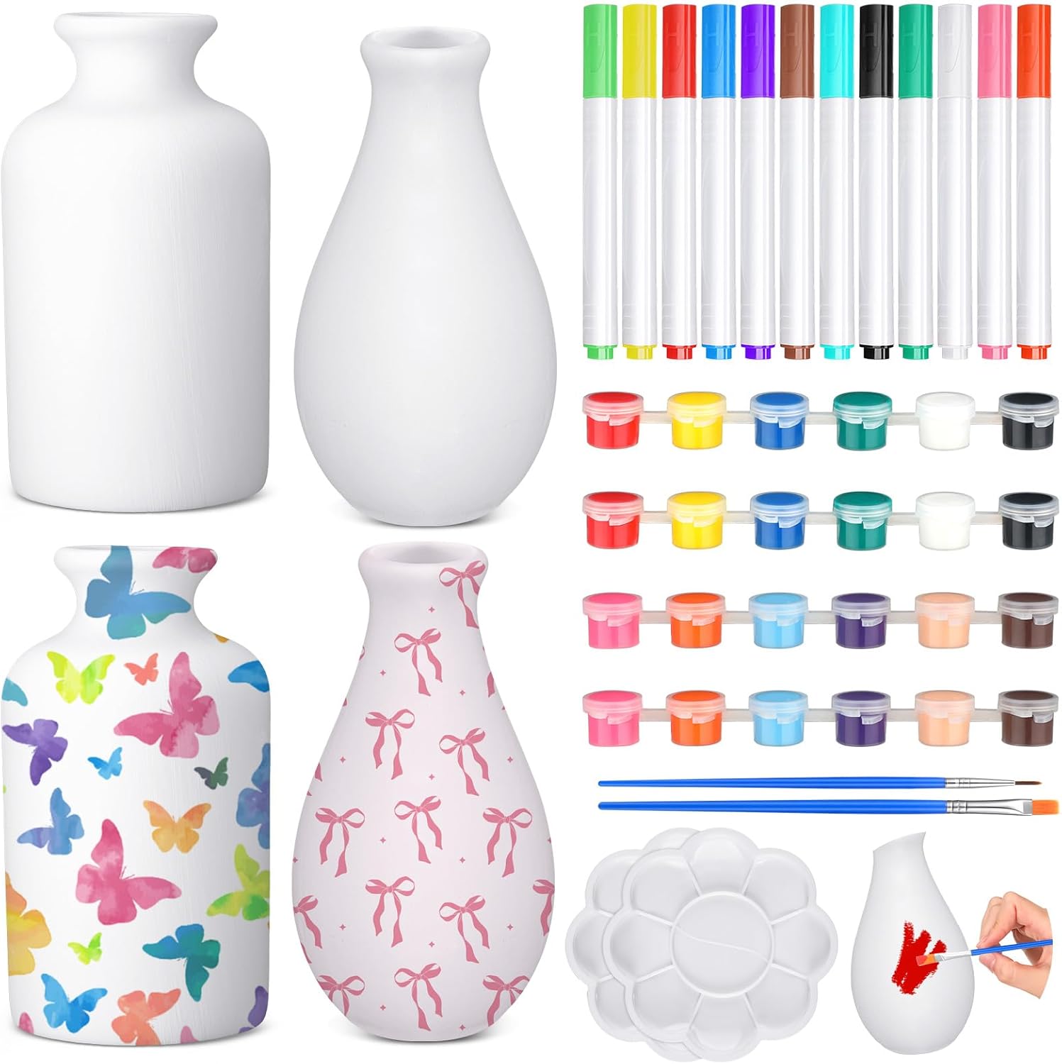 4 Set Paint Your Own Porcelain Paint Vase Art Project White Ceramic Painting Kit for Adults Porcelain Vase Decorating Kit with Art Supplies DIY(Classic)