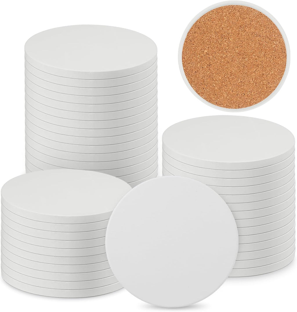 40 Pieces 4 Inch Round Blank Ceramic Coasters, Unglazed Ceramic Tiles Coasters, Ceramic Tiles with Cork Backing Pads for Painting, DIY Crafts, Mosaics, Circular, White.by GNIEMCKIN.