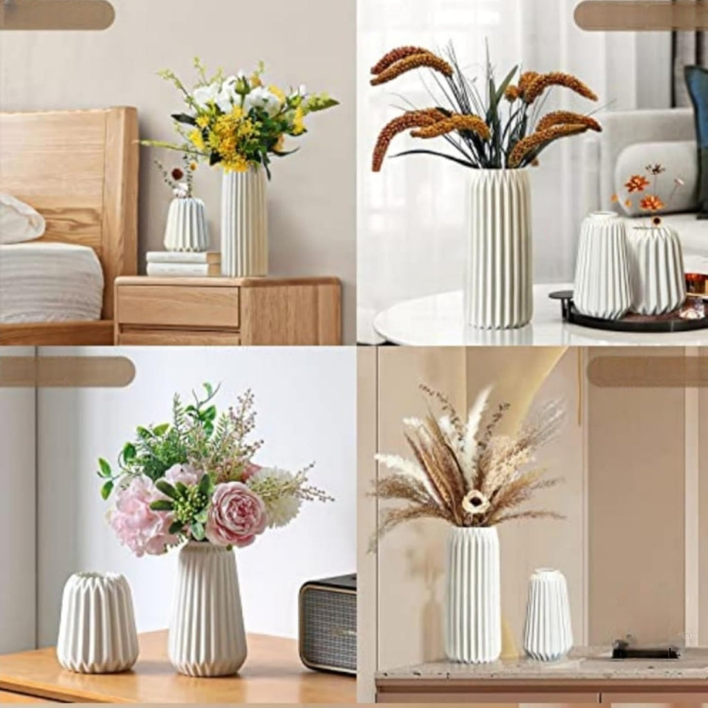 White Ceramic Vase Set of 3, Scandinavian Bohemian Style, for Modern Home Office Decoration Centerpiece, Dining Table, Entryway Decoration (White)