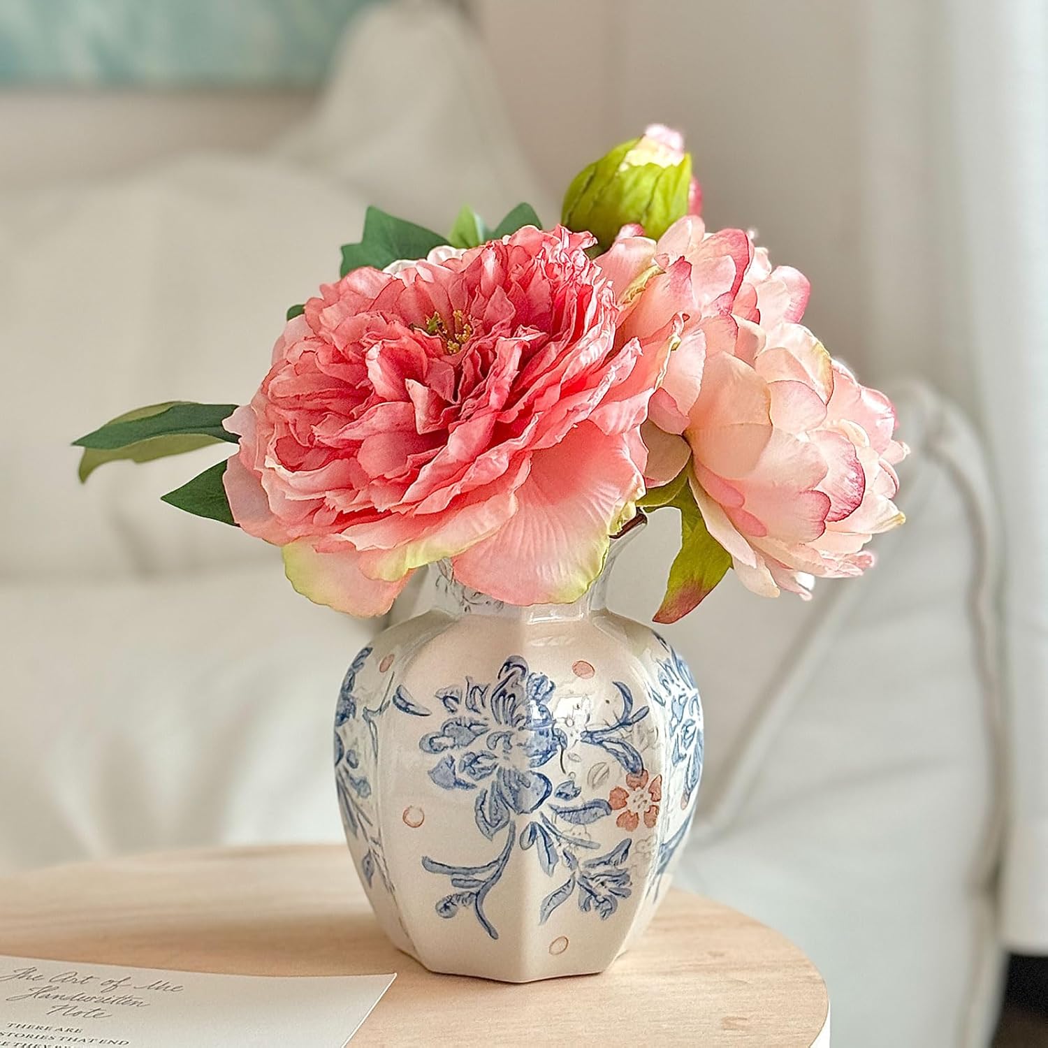 Vintage Ceramic Vase, Blue and White Porcelain Decorative Flower Vase for Centerpiece Living Room Table Shelf, Chinoiserie French Country Decor