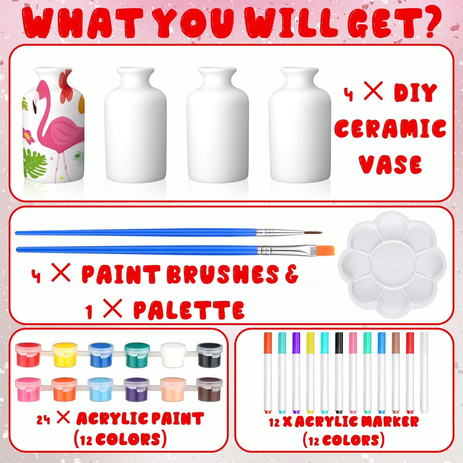 4 Set Paint Your Own Porcelain Paint Vase Art Project White Ceramic Painting Kit for Adults Porcelain Vase Decorating Kit with Art Supplies DIY(Classic)