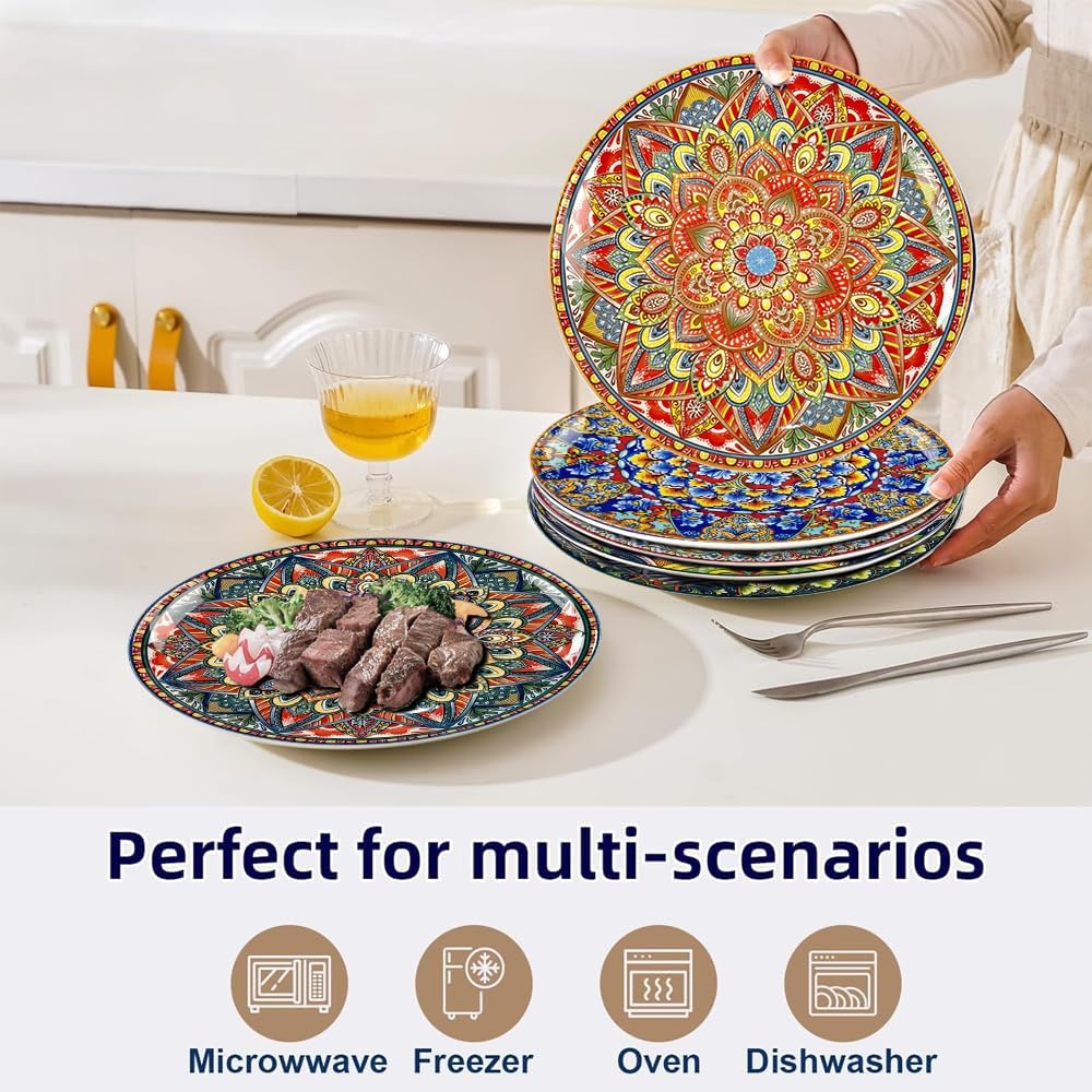 Dinner Plates 6 pcs,8.5 Inch Ceramic Plates, Microwave, Oven and Dishwasher Safe, Colorful Bohemian Style Dishes for Kitchen