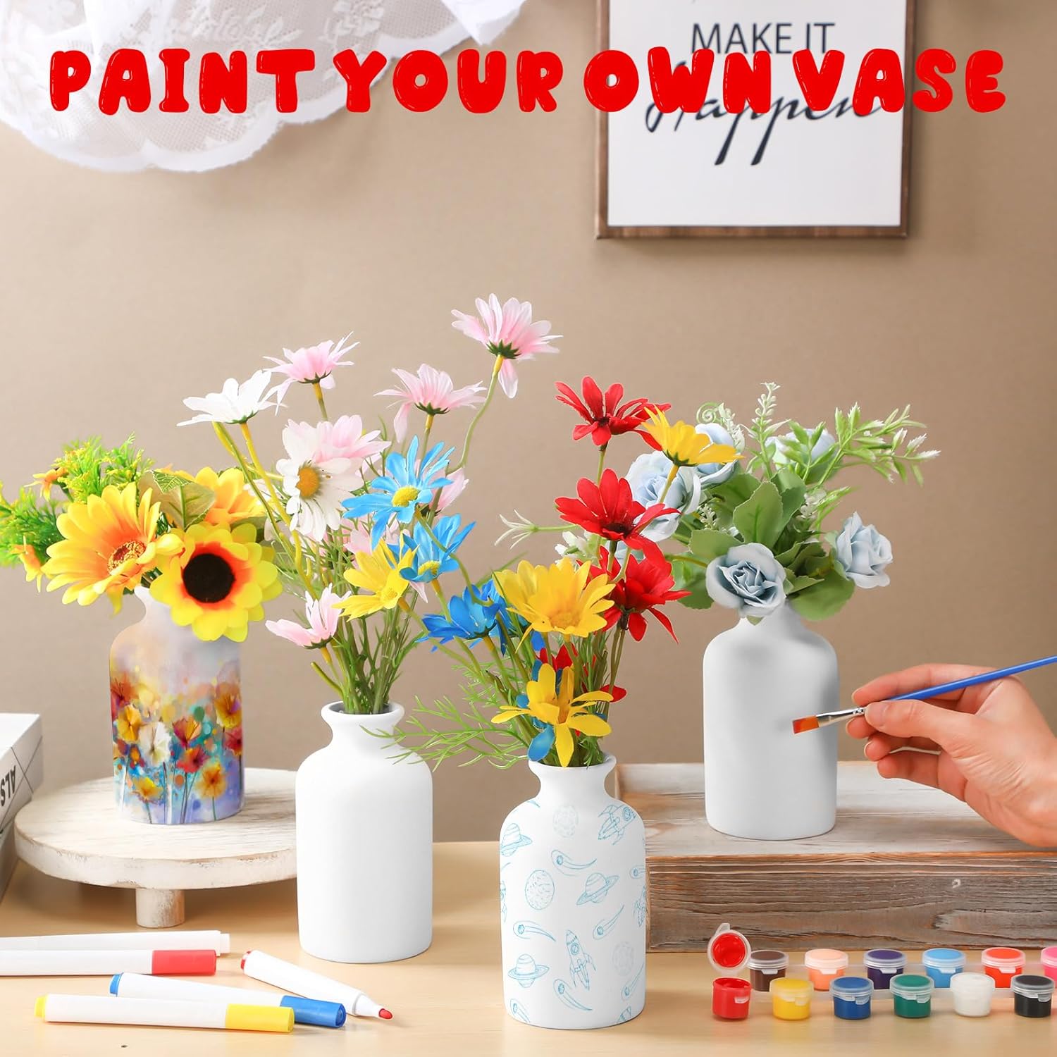 4 Set Paint Your Own Porcelain Paint Vase Art Project White Ceramic Painting Kit for Adults Porcelain Vase Decorating Kit with Art Supplies DIY(Classic)