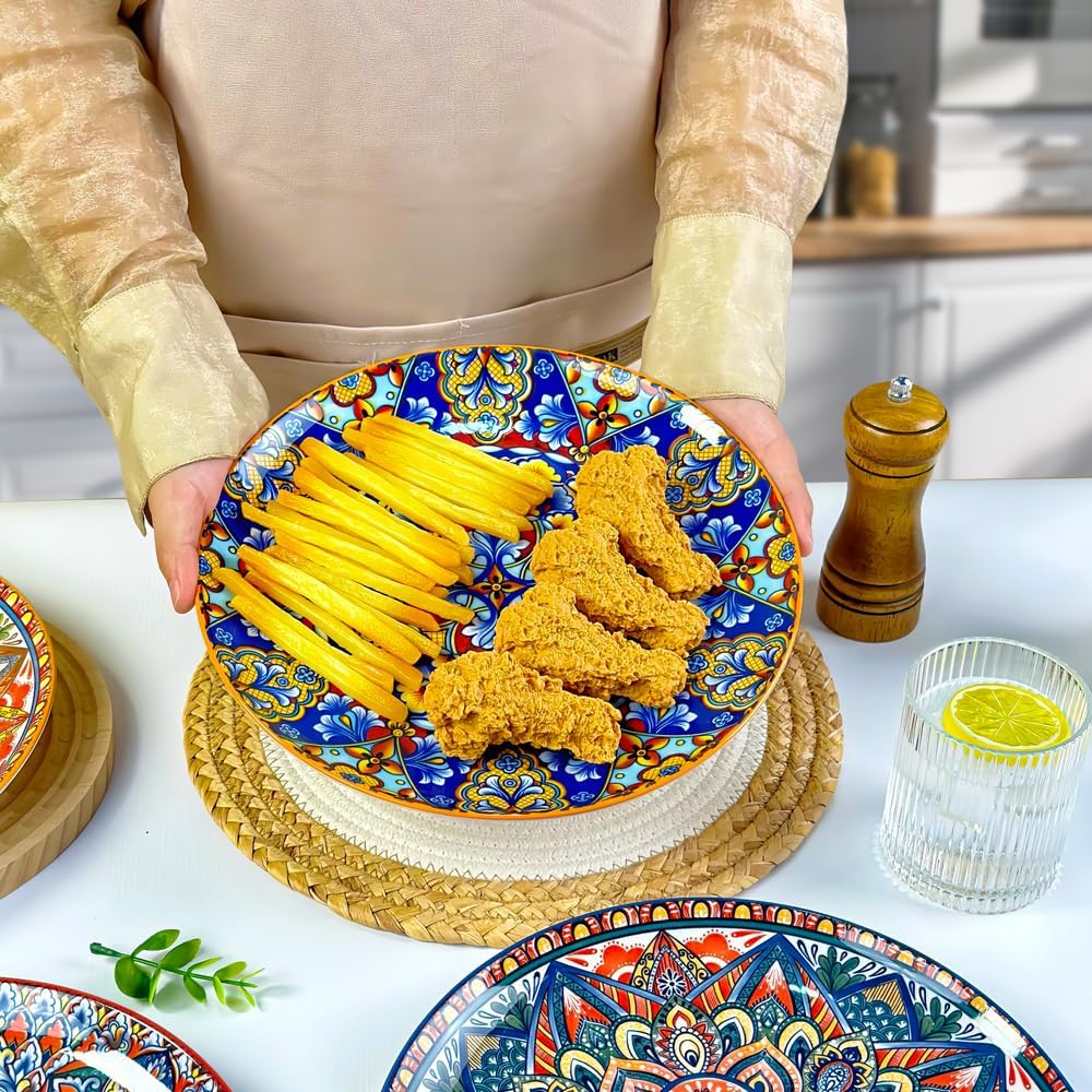 Dinner Plates 6 pcs,8.5 Inch Ceramic Plates, Microwave, Oven and Dishwasher Safe, Colorful Bohemian Style Dishes for Kitchen