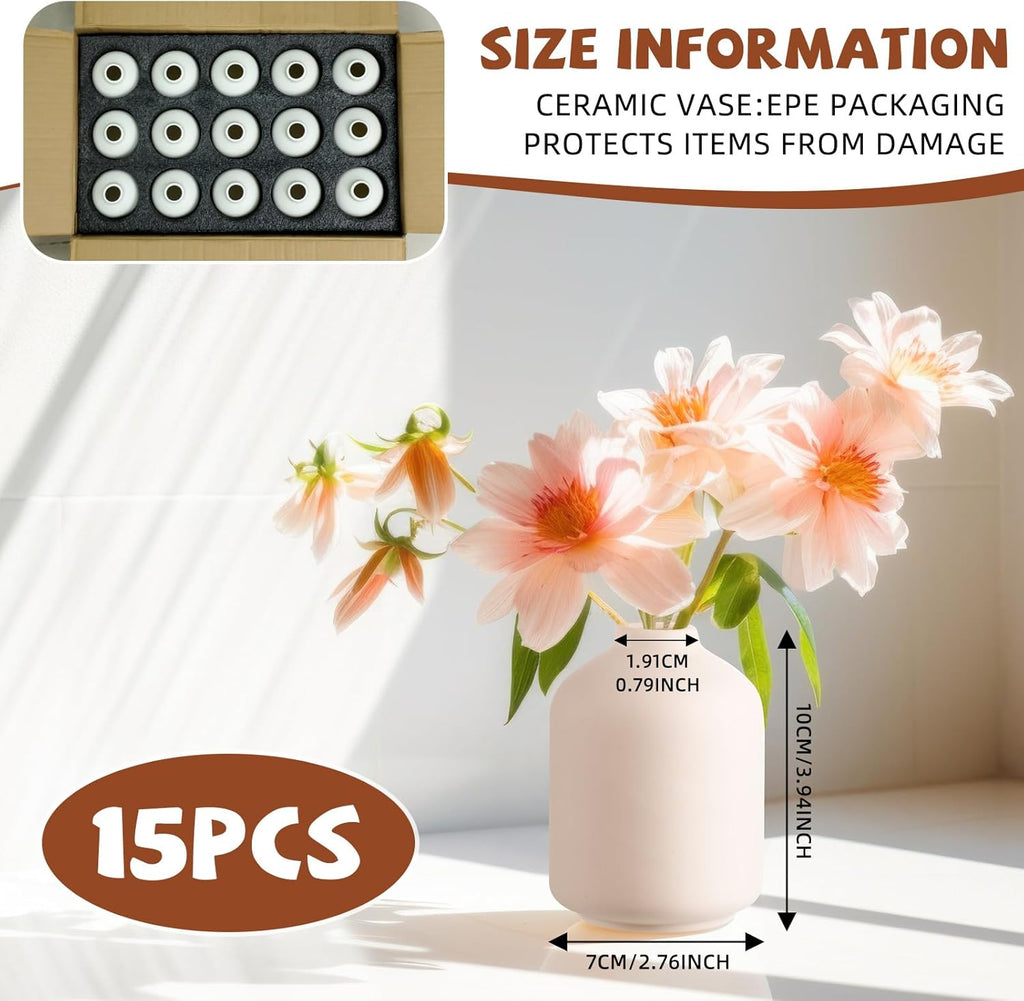 Tioncy 15 Set 3. 9"*2. 76" White Ceramic Bud Vases Bulk Boho Small Flower Wedding Centerpieces White Ceramic Vases for Dry Flowers Pampas Garss Home Valentines DIY Wedding Table Decor