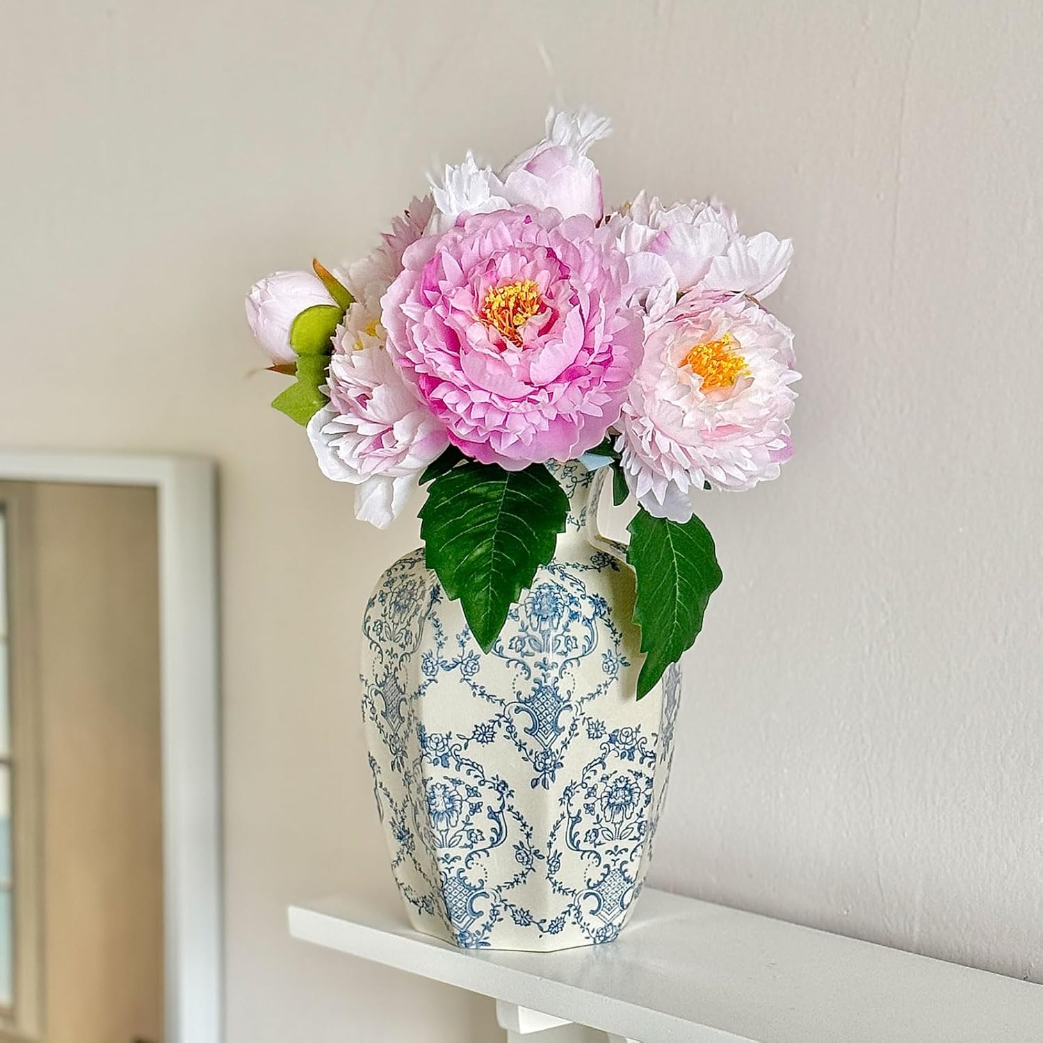 Vintage Ceramic Vase, Blue and White Porcelain Decorative Flower Vase for Centerpiece Living Room Table Shelf, Chinoiserie French Country Decor