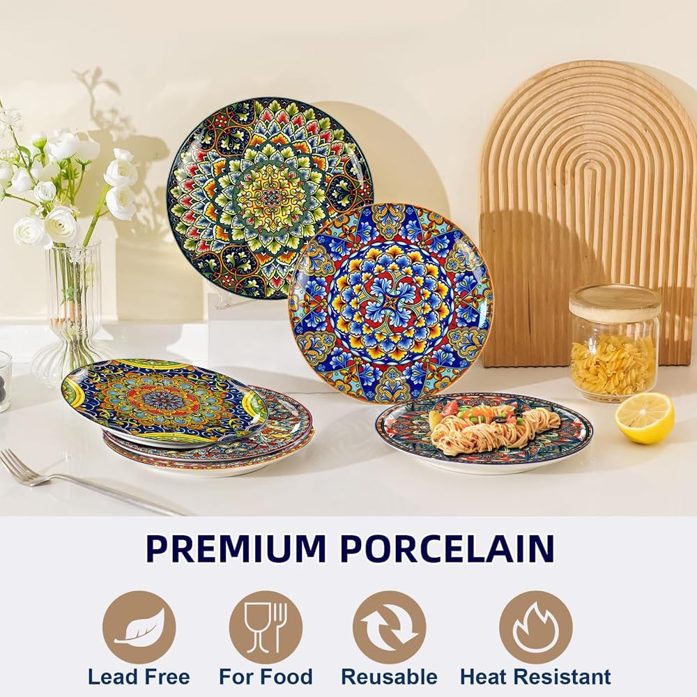 Dinner Plates 6 pcs,8.5 Inch Ceramic Plates, Microwave, Oven and Dishwasher Safe, Colorful Bohemian Style Dishes for Kitchen