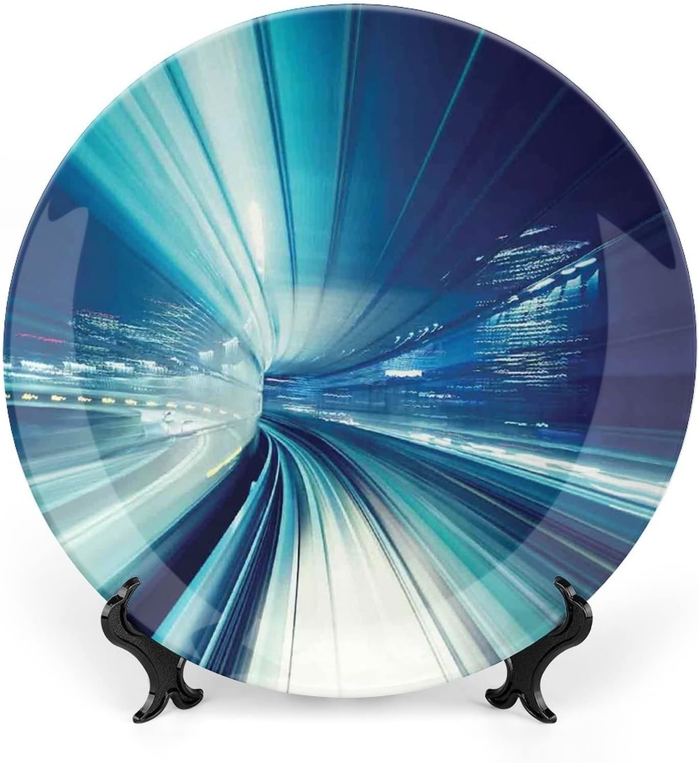 Ceramic Display Plate, Abstract Decor Ceramic Hanging Decorative Plate, Modern Rainbow like Wavy with Blank Pattern, 6 Inch, Living Room Kitchen Decoration Household, Blue Purple Orange and Red