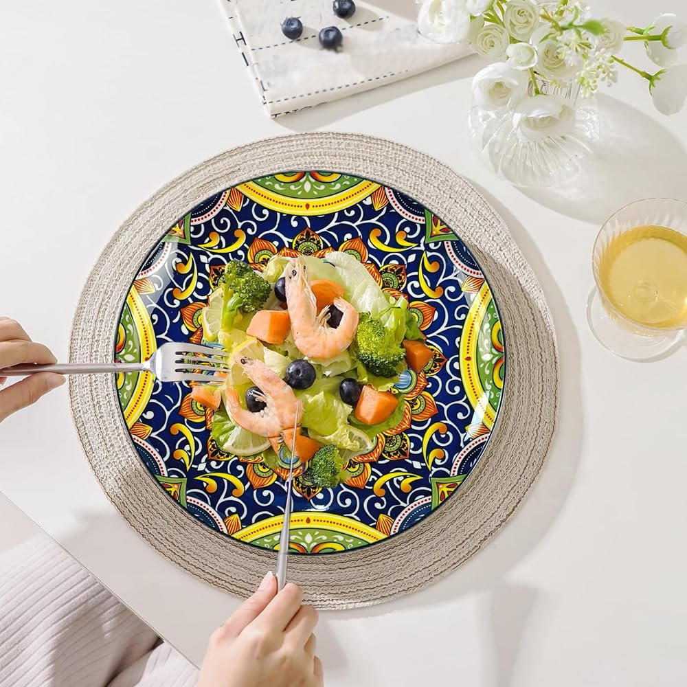 Dinner Plates 6 pcs,8.5 Inch Ceramic Plates, Microwave, Oven and Dishwasher Safe, Colorful Bohemian Style Dishes for Kitchen