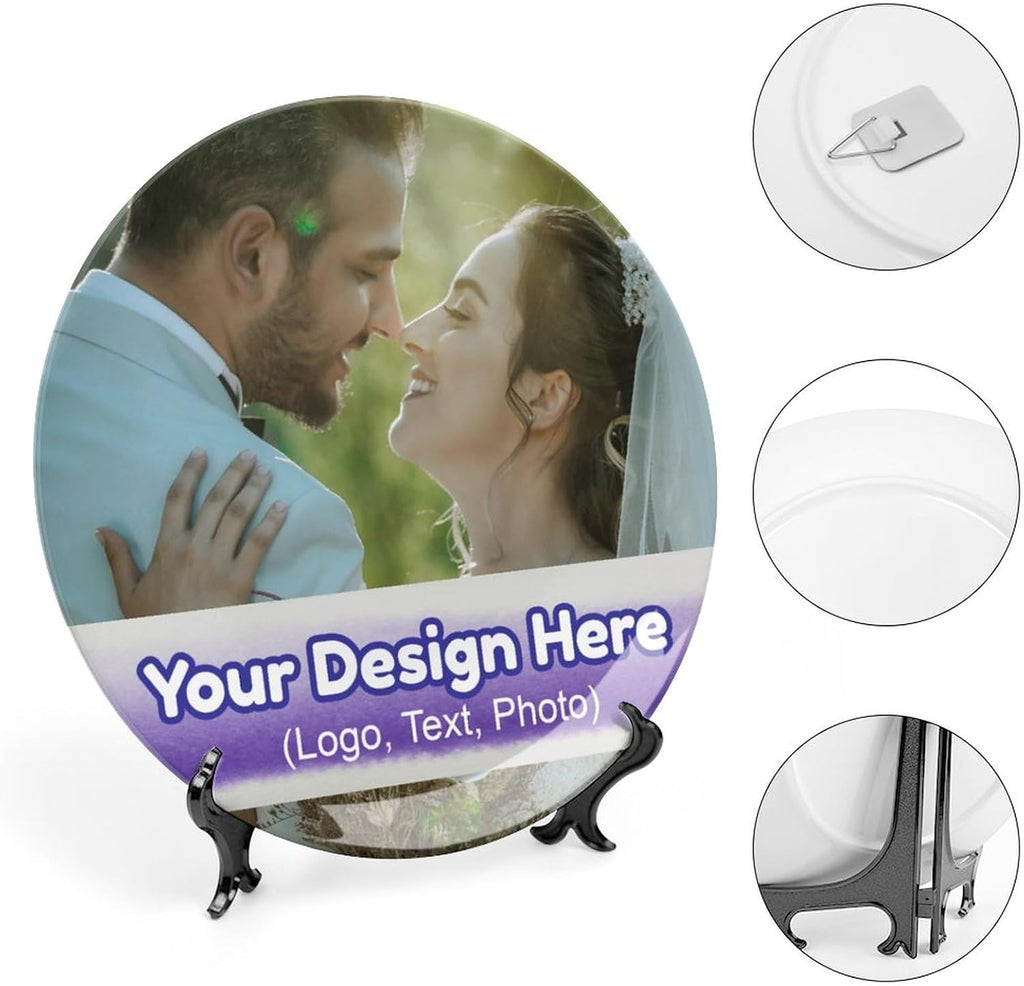 Generic Ceramic Round Decorative Plate, 6 Inch, Multicolor, Wall Display Dish with Stand, Customizable with Uploaded Image and Text