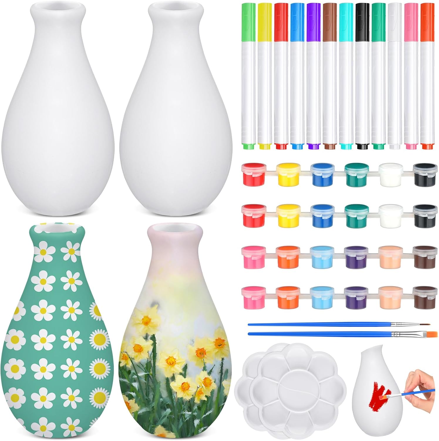 4 Set Paint Your Own Porcelain Paint Vase Art Project White Ceramic Painting Kit for Adults Porcelain Vase Decorating Kit with Art Supplies DIY(Classic)