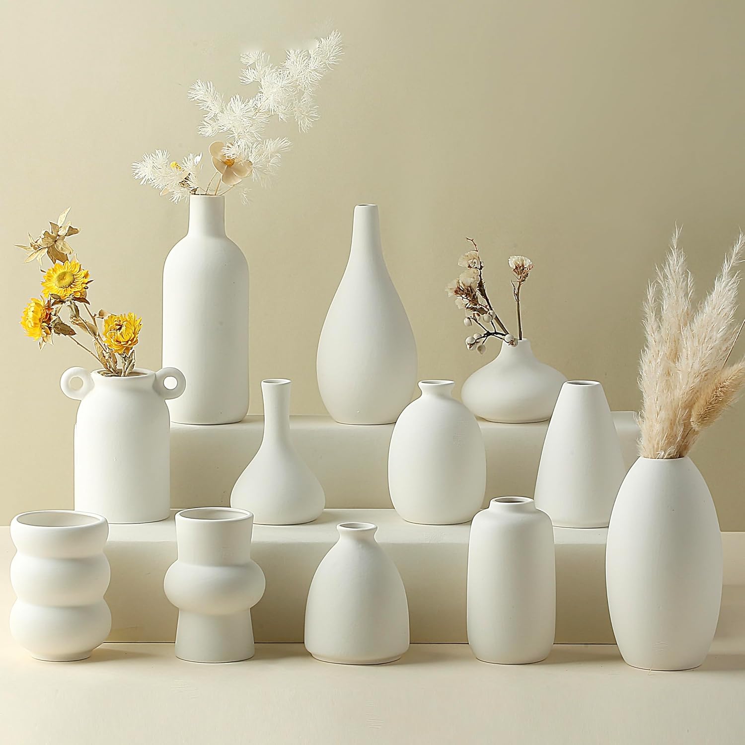 Set of 8 White Ceramic Bud Vases for Flowers, Pampas Grass Small Vases for Farmhouse Boho Decor, Decorative Vases for Centerpiece, Wedding Decoration, Home and Office, Room and Table Decor