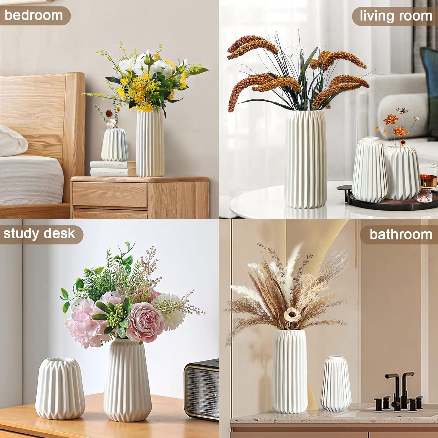 Ceramic Vases Set of 3-White Vase for Modern Home Decor, Flower Vases for Aesthetic Room Decor,Boho Decor Wedding Dinner Table Party Office Centerpiece Table Decorations (White 3 Set)