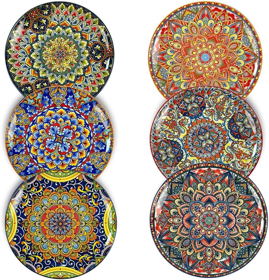 Dinner Plates 6 pcs,8.5 Inch Ceramic Plates, Microwave, Oven and Dishwasher Safe, Colorful Bohemian Style Dishes for Kitchen