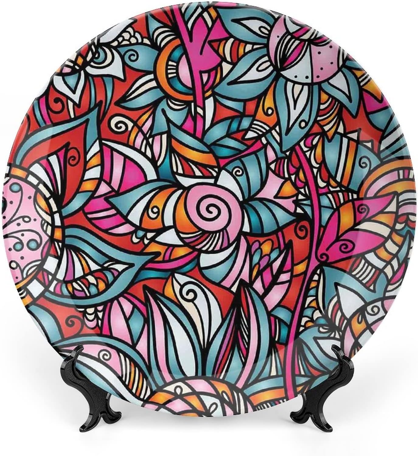 Ceramic Display Plate, Abstract Decor Ceramic Hanging Decorative Plate, Modern Rainbow like Wavy with Blank Pattern, 6 Inch, Living Room Kitchen Decoration Household, Blue Purple Orange and Red