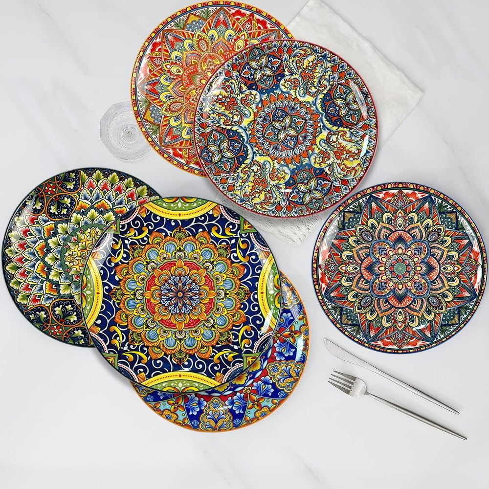 Dinner Plates 6 pcs,8.5 Inch Ceramic Plates, Microwave, Oven and Dishwasher Safe, Colorful Bohemian Style Dishes for Kitchen