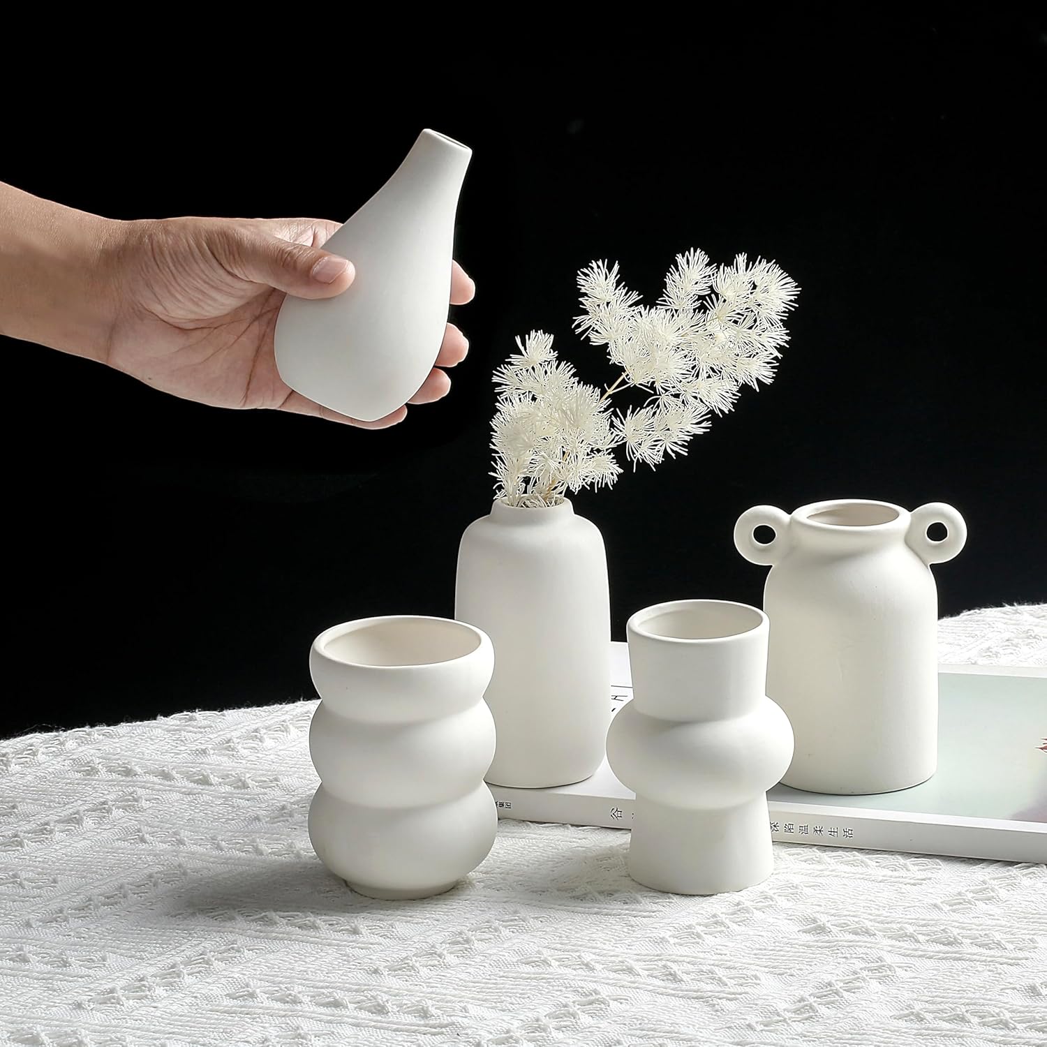 Set of 8 White Ceramic Bud Vases for Flowers, Pampas Grass Small Vases for Farmhouse Boho Decor, Decorative Vases for Centerpiece, Wedding Decoration, Home and Office, Room and Table Decor